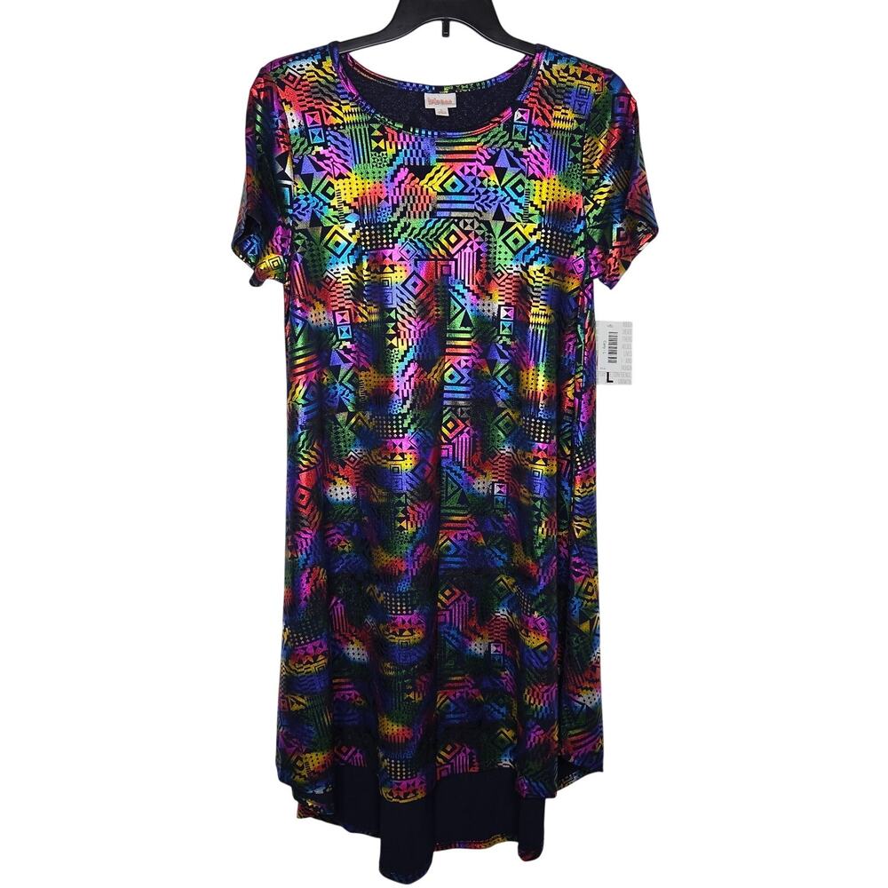 LuLaRoe Elegant Carly Rainbow Foil Geometric Metallic Midi Dress NEW Size Large